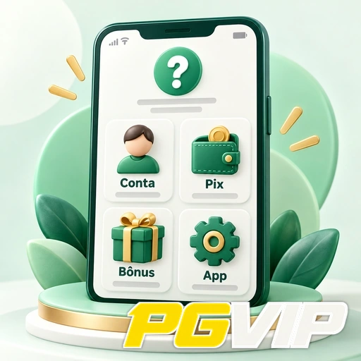 PGVIP — ilustração de celular com categorias de ajuda sobre conta, Pix, bônus e aplicativo