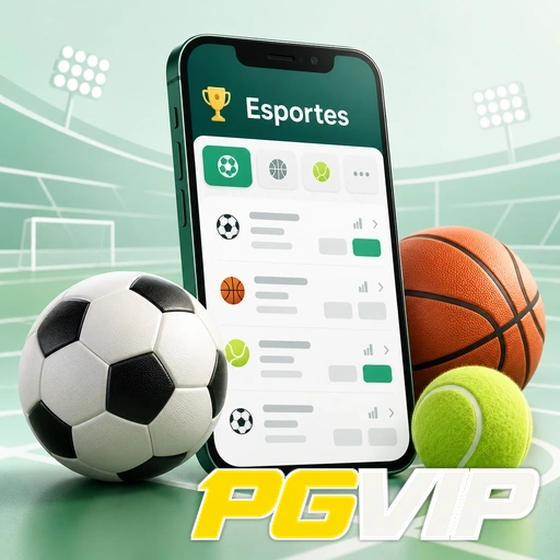 PGVIP — ilustração de aplicativo esportivo com bolas de futebol, basquete e tênis