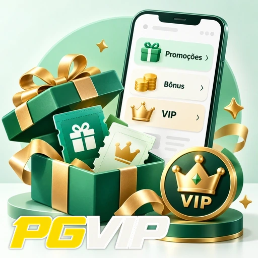 PGVIP — ilustração de presentes, promoções e símbolo VIP ao lado de um celular