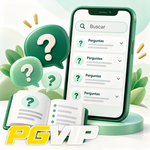 PGVIP — ilustração de perguntas frequentes no celular com busca e pontos de interrogação