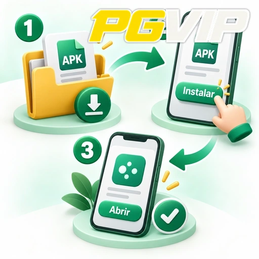 PGVIP — ilustração das etapas de baixar, instalar e abrir um APK no celular