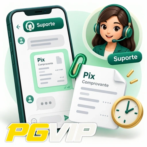 PGVIP — ilustração de atendimento por chat com comprovante Pix e relógio