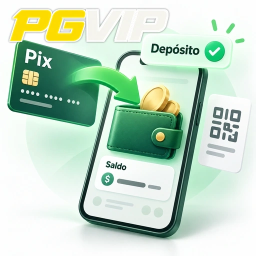 PGVIP — ilustração de depósito Pix com QR code, carteira e saldo no celular