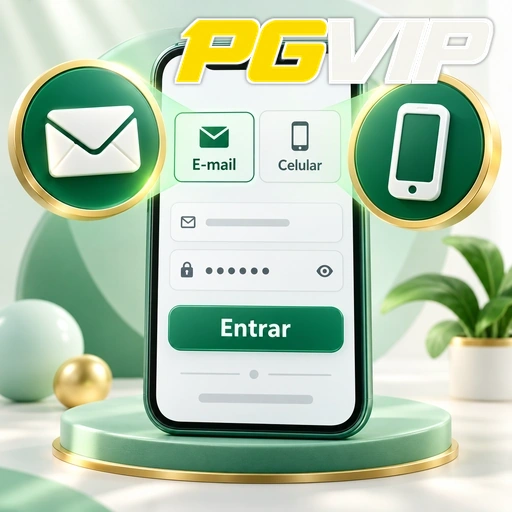 PGVIP — ilustração de login no celular com opções de e-mail e número de telefone