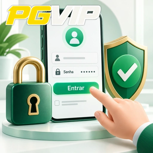 PGVIP — ilustração de login no celular com cadeado e escudo de segurança