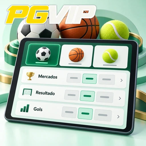 PGVIP — ilustração de mercados esportivos em tablet com bolas de diferentes esportes