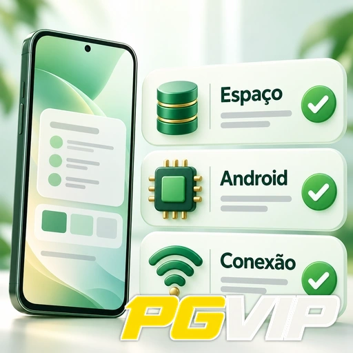 PGVIP — ilustração dos requisitos de espaço, Android e conexão para o aplicativo