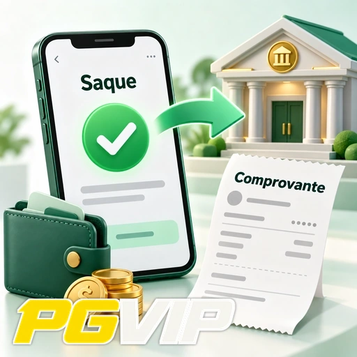 PGVIP — ilustração de saque confirmado com carteira, moedas e comprovante