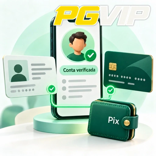 PGVIP — ilustração de verificação de conta com documento de identidade, cartão e carteira Pix